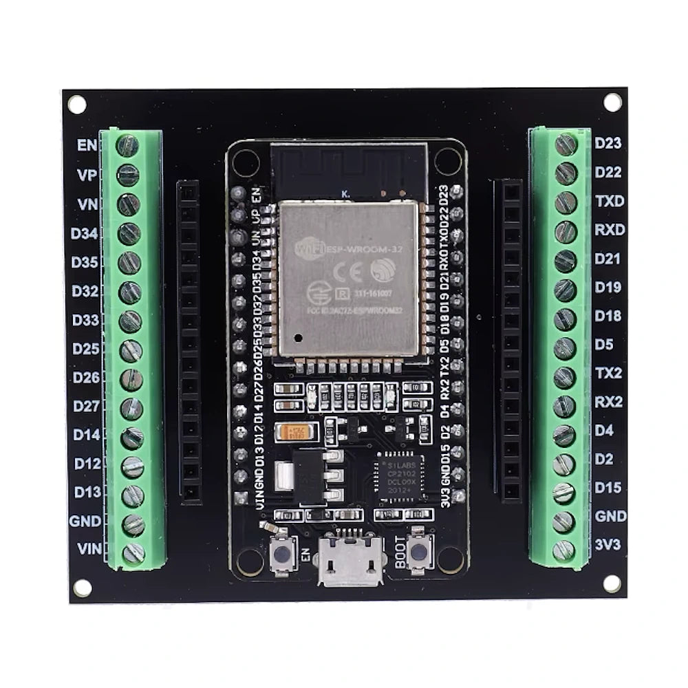 ESP32 WROOM‑32 utviklingssett – WiFi + Bluetooth, med terminalutvidelsesmodul